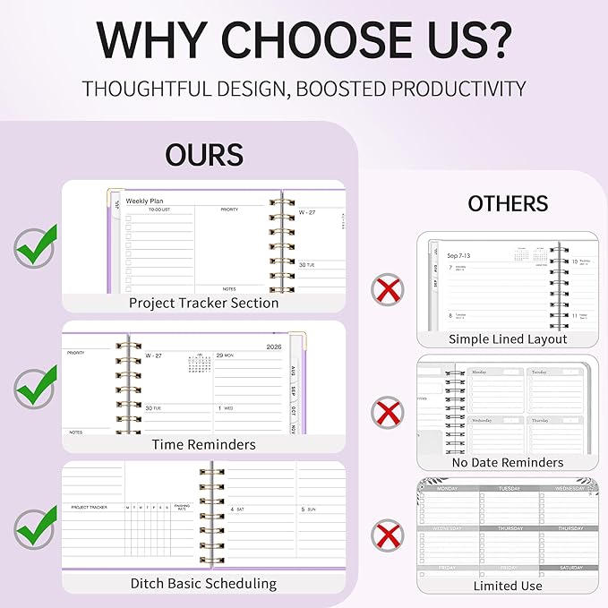 Academic Planner 2026-2027, Weekly and Monthly, A5 Size (5.7" x 8.3"), July 2026 - June 2027, To-do List for Tracking, for School, Home, Office, Hardcover, 12-Month Tabs (Purple)