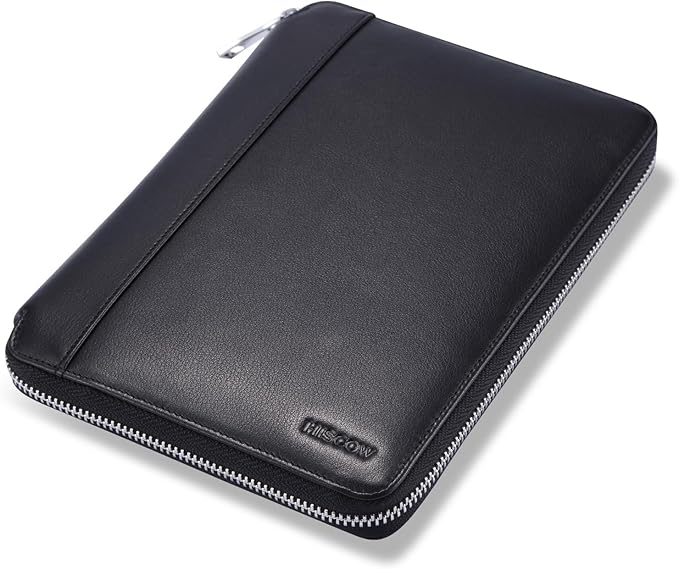 Leather Junior Padfolio for Men & Women with Pen Loop, Italian Calfskin, Business Portfolio Notebook Folder (Zippered Black)