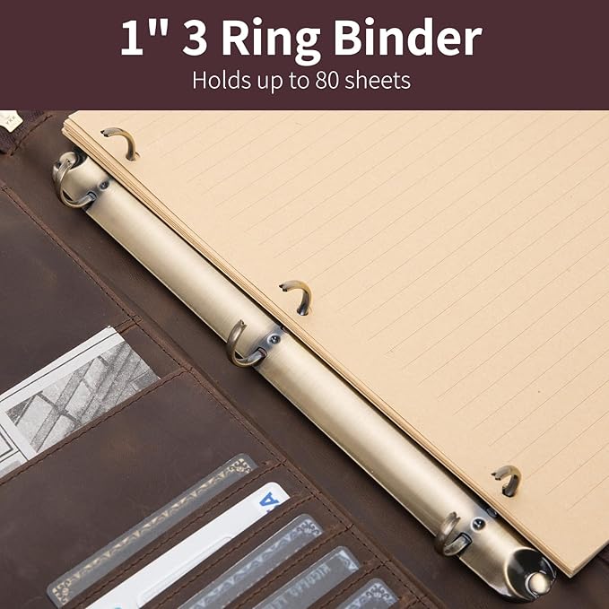 Genuine Leather 3 Ring Binder Portfolio, 8.5 x 14 Legal Size Pad Holder, Hidden Handle, Zippered Padfolio with 15” Laptop Organizer, Professional Business Folio for Men Women, Dark Khaki