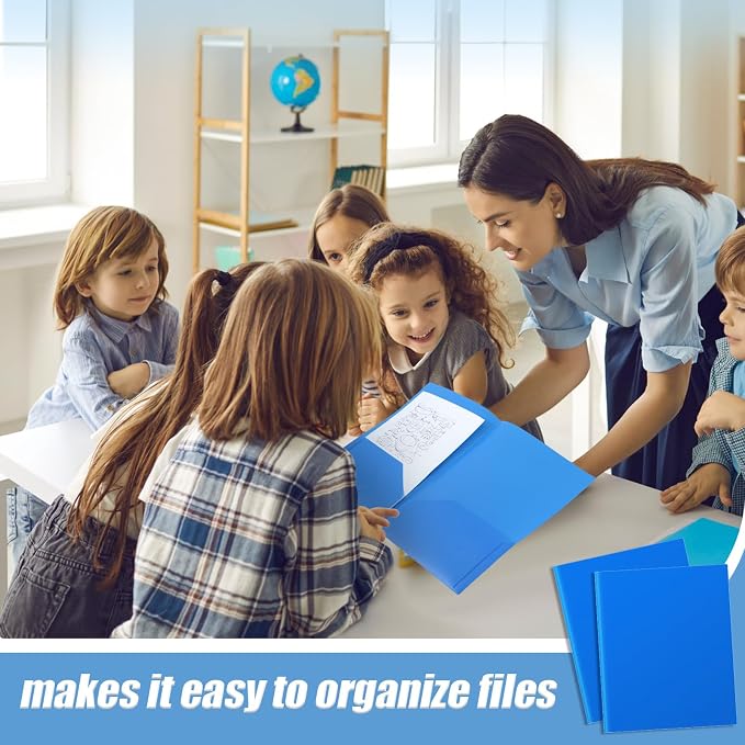 Gueevin 72 Pack Plastic Folder with Pockets, 2 Pocket Folders, Plastic Glossy Folders Fit Letter Size Paper, Heavy Duty Durable File Folder with Business Card for Home Office School (Blue)