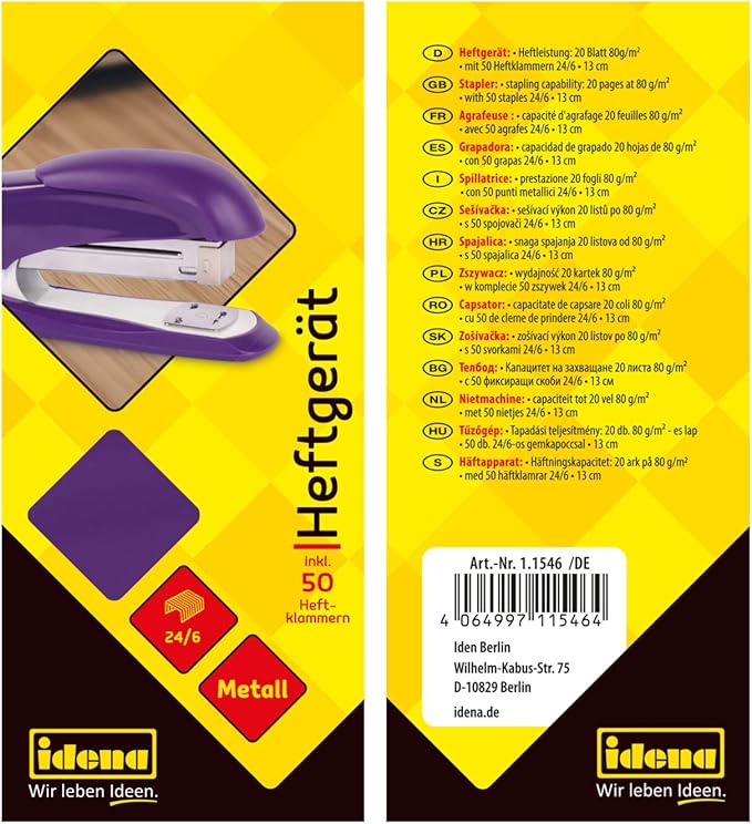 Idena 11546 Stapler 13 cm with 50 Staples 24/6 Purple for 20 Sheets