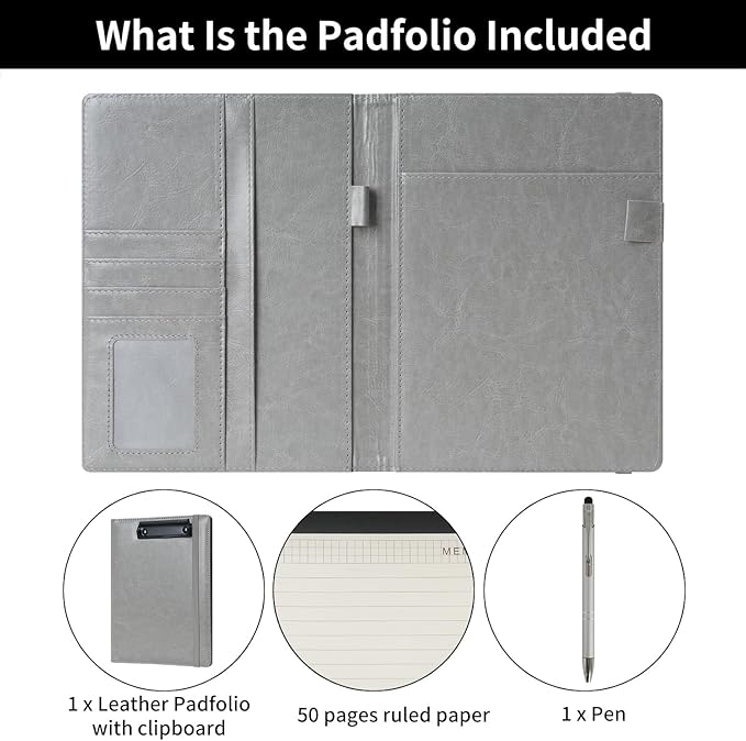 Wonderpool A5 PU Leather Clipboard Partfolio Notepad Forms Holders Document Case - Interview Planner Meeting Writing Padfolio File for Office Travel School Hotel (Grey, A5)