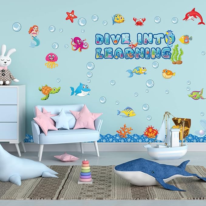 Pajean 83 Pieces Ocean Beach Theme Classroom Bulletin Board Decoration Sets Dive into Learning Sea Animal Jeweled Fish Treasure Box Cutouts for Under The Summer Classroom Wall Decor