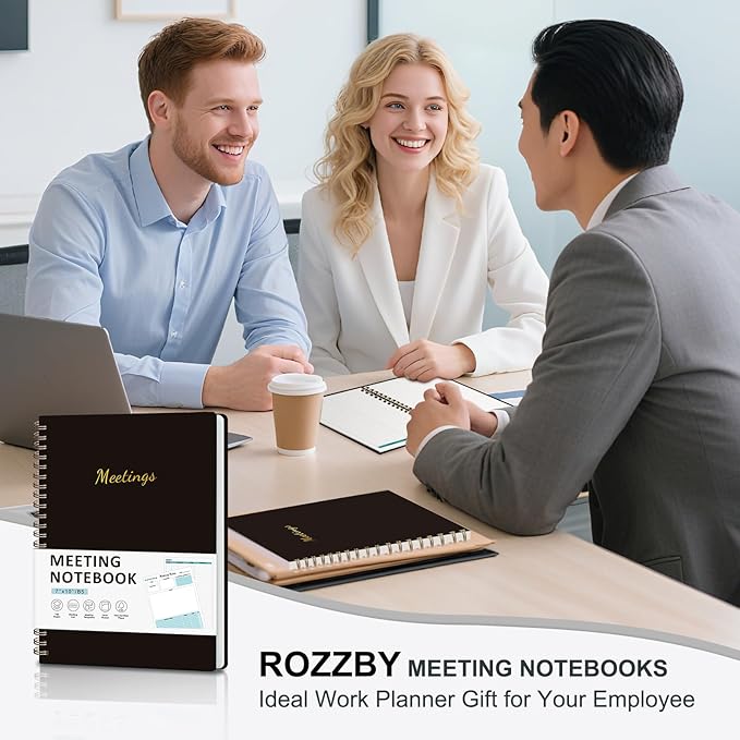 Meeting Notebook for Work Organization, Work Planner Notebook with Action Items, Project Agenda Planner for Note Taking, 160 Pages (6.9" X 9.9"), Perfect Office School Business Supplies for Women & Men (Black)