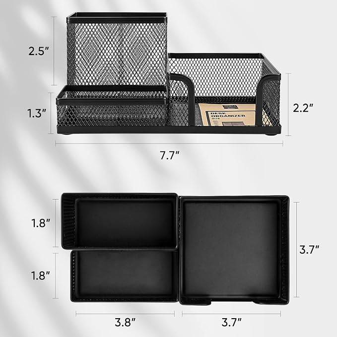 deli Mesh Desk Organizer Office Supplies Caddy with Pencil Holder and Storage Baskets for Desktop Accessories, 3 Compartments, Black