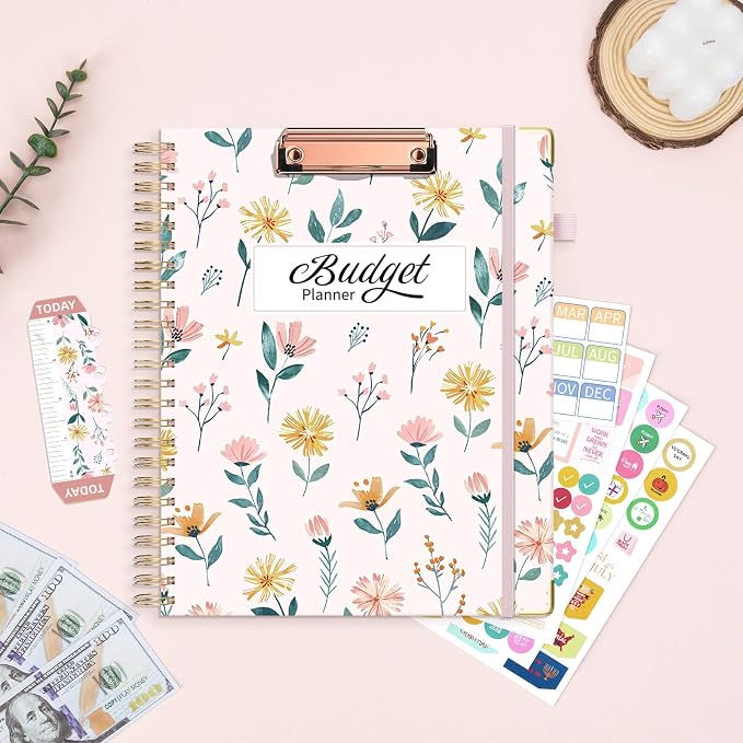 Ospelelf Budget Book Planner 8.5"x11" Large Size Undated Monthly Bill Payment Tracker Organizer Account Financial Planners with Clipboard Pockets Stickers 12 Months Productivity Aesthetic Pink Flowers