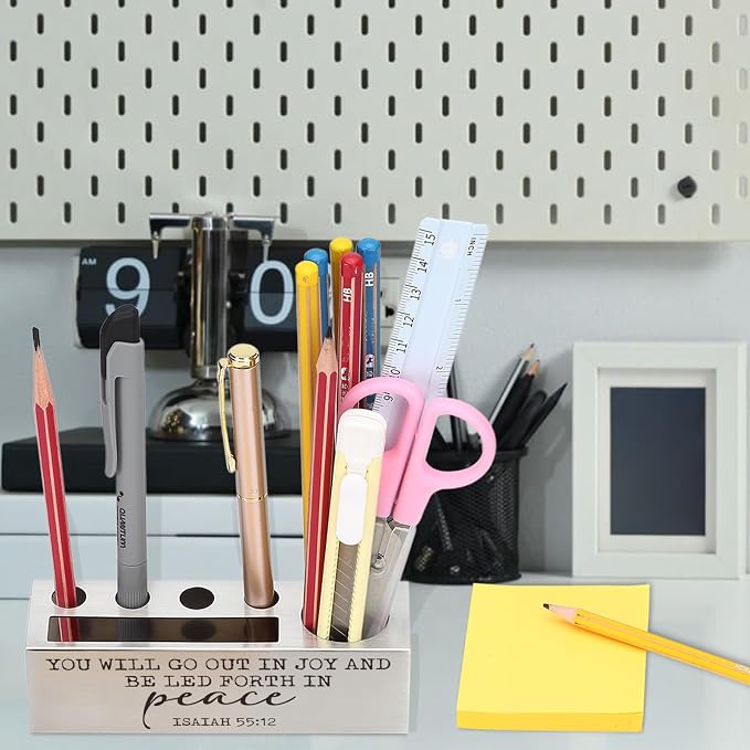 Isaiah 55:12 Bible Verse Pen and Pencil Holder, You Will Go Out in Joy Scripture Desk Accessory, Christian Spiritual Thank You Appreciation Gift, Stainless Steel Pencil Holder for Graduation EDP30