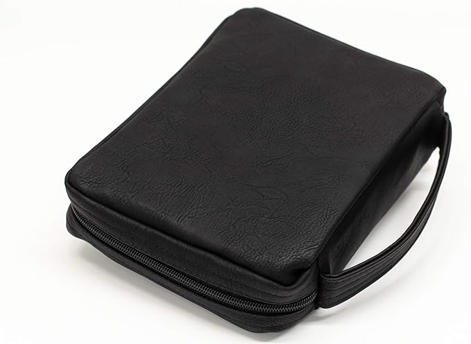 Soft Black Embossed Cross with Front Pocket Leather Look Bible Cover with Handle, Large