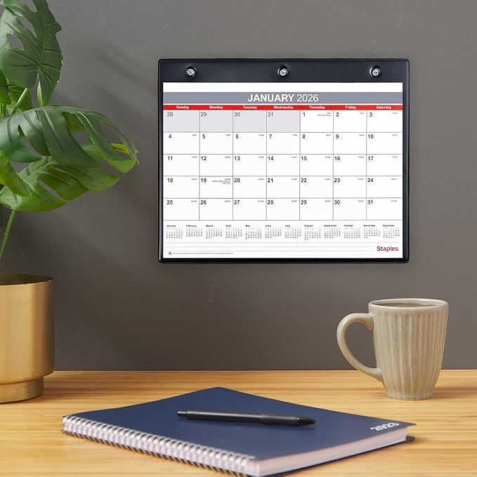 2026 Staples 11" x 8" Monthly Calendar, White/Red/Gray