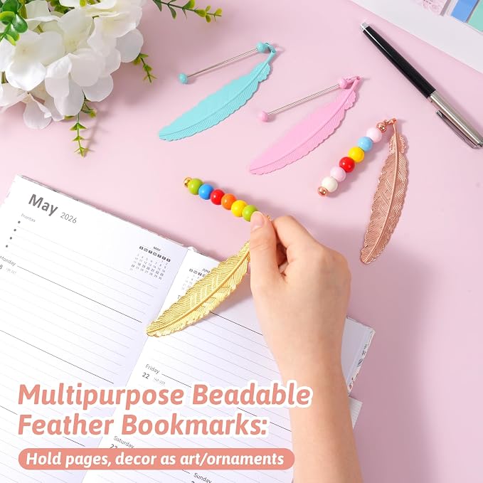 15 Pcs Beadable Bookmarks DIY Feather Metal Bookmark Bars for Beads and Charms, Blank Pendant Bookmarks for Teachers Students, Book Lovers Craft Supplies