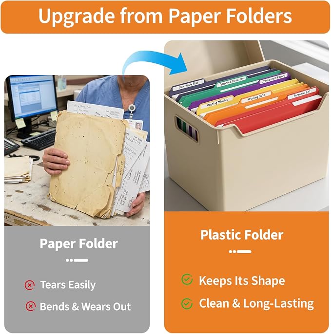 Binditek 54-Pack Heavy Duty Plastic File Folders, 1/3-Cut Tab Letter Size Colored File Folders, 14 Mil Thick, 6 Assorted Colors, for Office, Medical Records and Home Organization