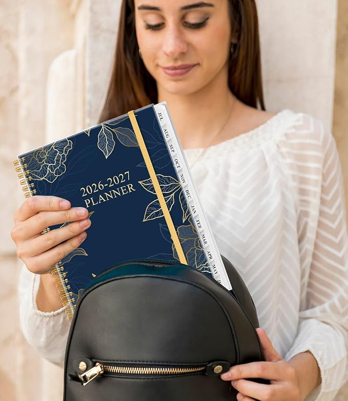 Academic Planner 2026-2027 - Weekly & Monthly Planner from July 2026 to June 2027, Agenda 2026 2027 with Inner Pocket, Elastic Band, 8.5" x 11", Blue Gold Leaf