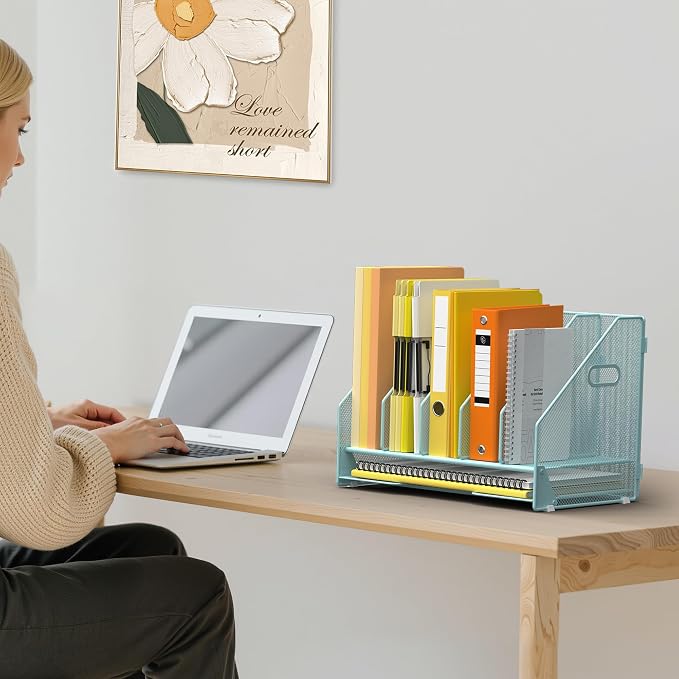 Docnest Desk File Holder Sorter, 5 Vertical Compartments Rack with Letter Tray, Mesh Magazine File Holder with Handle,Workspace Organizers,Desk Organizers for Paper, Mail, Documents-Blue