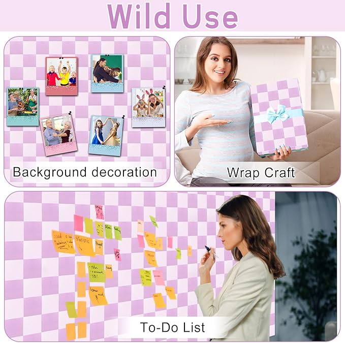 Purple Checked Bulletin Board Roll Reusable Waterproof Erasable Pastel Purple Background Poster Non-Woven Fabric Bulletin Board for Mother‘s Day Easter Classroom Decor Wrap Paper 15.55" x12ft