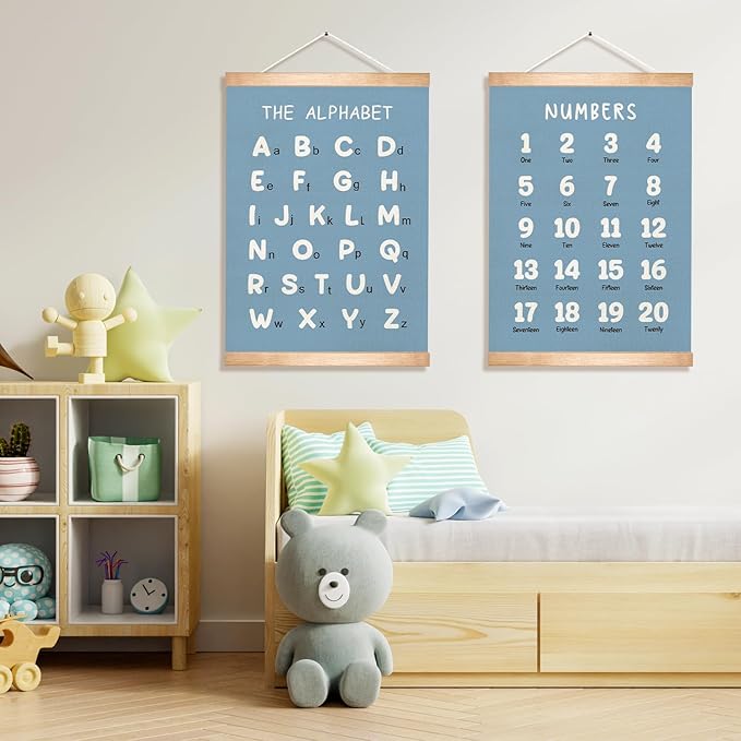 Alphabet and Numbers Educational Chart Set of 2 for Classroom Decor,Colorful Educational Poster for Toddlers 1-3,Toddler Learning Poster for Ages 3-5 for Nursery Playroom,Classroom Must Haves 18.5x14 Inch (Blue)