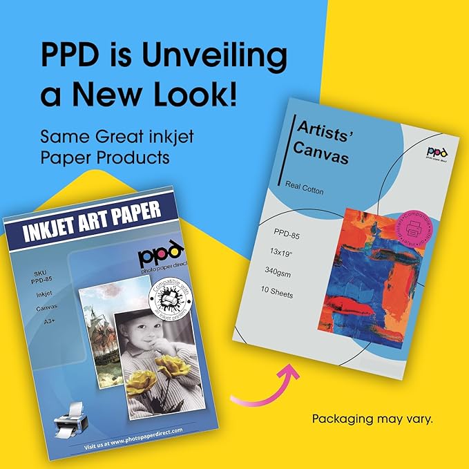 PPD Printable Fabric Sheets, Canvas Paper for Inkjet Printer, 13 x 19" Photo Fabric Printer Sheets, Print On 100% Real Cotton, Matte Finish, No Watermark, 340 gsm 125 lbs (10 Sheets)