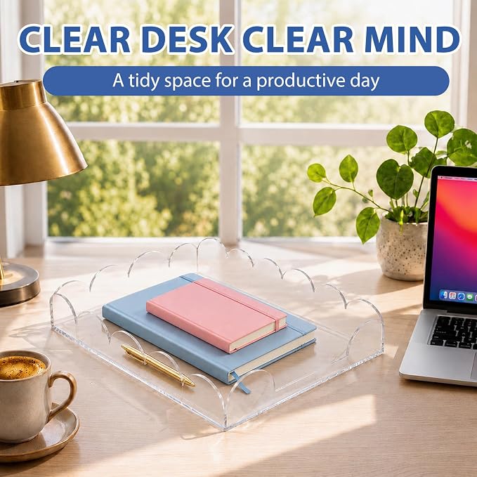 Domensi 2 Pack Scalloped Acrylic Paper Letter Tray, Clear Paper Organizers for Desk, Stackable Aesthetic A4 File Holder Sorter for Home Office Document Mail, Desktop Decor and Accessories Organizer