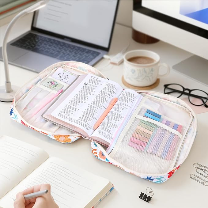 XKDOUS Bible Cover for Women Church Book Holder Canvas Patchwork Carrying Case with Handle, Study Supplies Carrier Portable Bible Bag Journaling Kit Christian Gifts for Mom, Friends