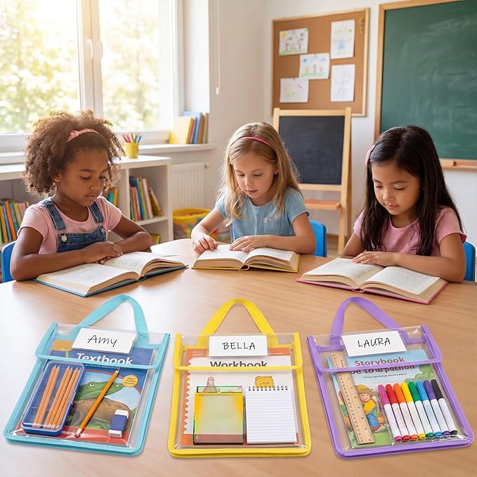 Teling 6 Pack Thick Clear Book Pouches with Blank Name Tags and Handles Book Baggies Bags Bins Organizer for School Classroom Library Pockets Students (10 x 12 Inch,Pastel Color)