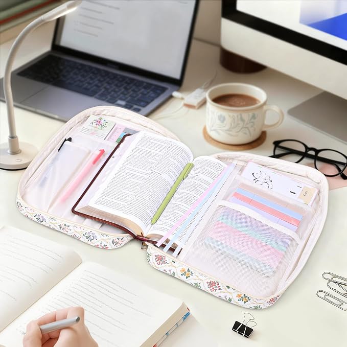 XKDOUS Bible Bag for Women Large Bible Cover Case Kit with Handle, Tabs, Study Supplies Journaling Kit Church Book Holder Quilted Carrying Case Christian Gifts for Lady Friends