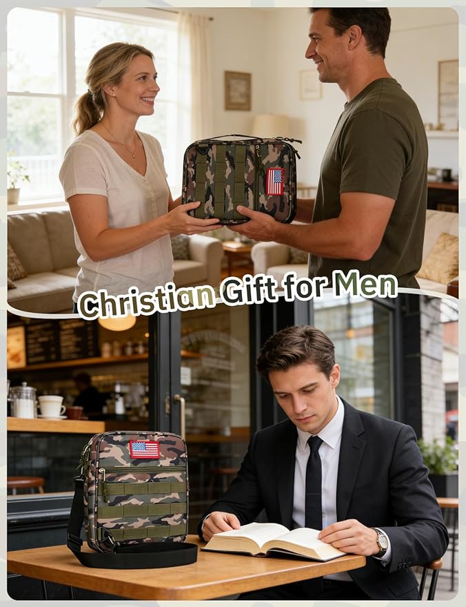 4 PCS Tactical Bible Cover for Men - Bible Bag for Men with Shoulder Strap - Washable Padded Bible Case with Carry Handle- Christian Gift for Men Bible Case for Church, Study, Spiritual