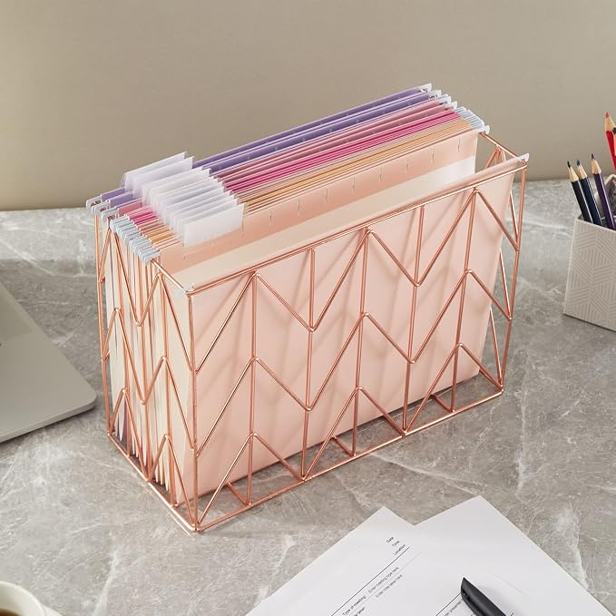 1 Pack Rose Gold Hanging File Organizer, Decorative Metal File Storage Basket for Letter Size Folders, Desk Organizer for Home Office