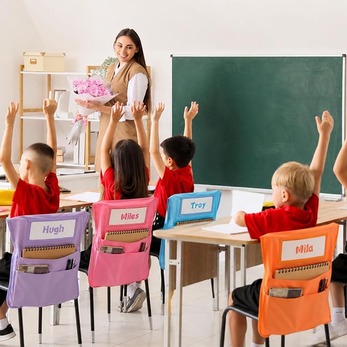 36pcs for Classroom 16.3x19.7inch Classroom Chair Pockets with Name Tag 3 Pockets Chair Organizer for Teacher Student School Office(Pastel)