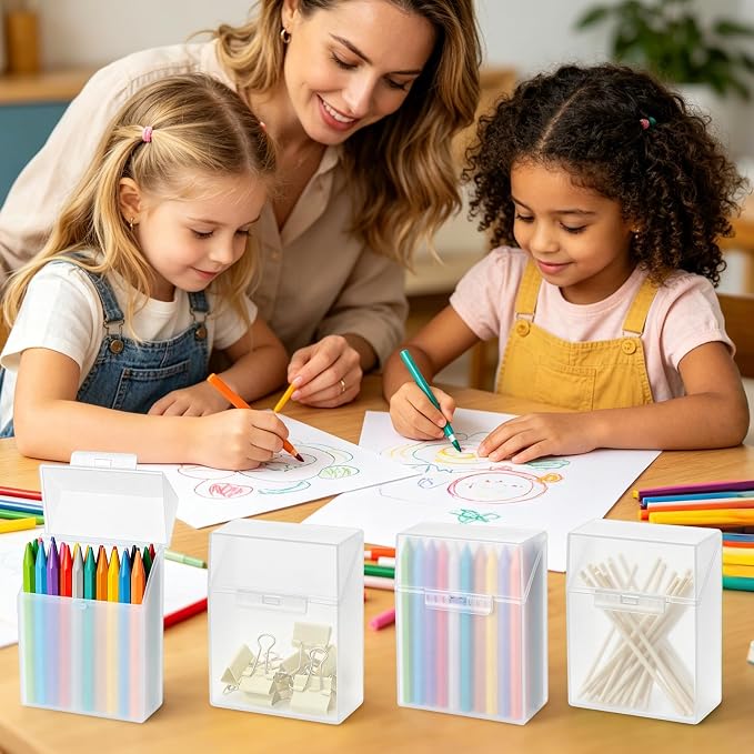 10 Pieces Plastic Crayon Box Clear Crayon Holder Case 24 Crayons with Hinged Lid and Snap Closure for School Classroom Office Art Craft Supply (10 PCS, Clear)