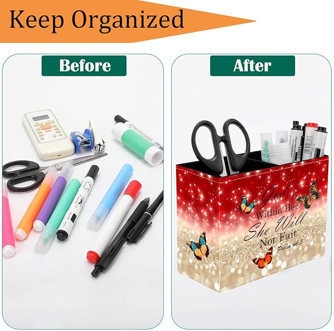 Pen Holder for Desk, PU Leather Multifunctional Desktop Storage Box and Anti-Slip Mouse Pad Set, Makeup Brush Holder Pen Organizer for Office and Home - Psalm 46:5