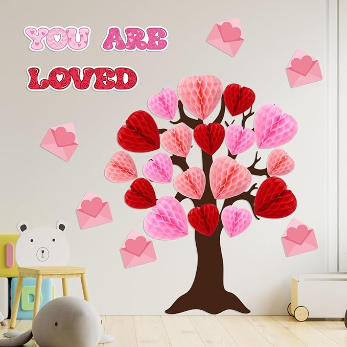 Fuutreo 53 Pcs You are Loved Tree Bulletin Board Classroom Decorations Set Heart Honeycombs Cutouts with Glue Points Envelope Pink Bulletin Border for School Home Wall Wedding Indoor Supplies