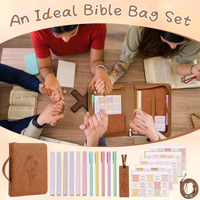 19PCS Floral Brown Leather Bible Cover for Women Bible Cover Cases for Teen Girls Christmas Gift Christian Carrying Bag Journaling Kit with Shoulder Strap Highlighter Pens & Book Marker Study Supplies