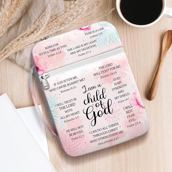 I Am A Child Of God Bible Cover for Women, Floral Scripture Bible Case with Handle and Zipper Pocket, Christian Bible Bag for Girls, Fits Standard Size, Church Gift for Faith and Prayer
