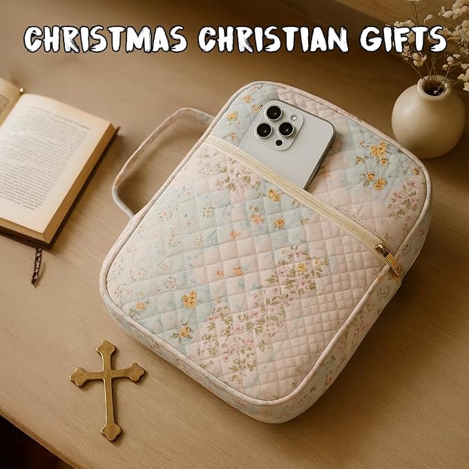Bible Cover Case for Women,Bible Tote Bag Large Quilted Bible Cover with Durable Handle Carrying Case for Girls Bible Study Supplies Accessories,Christmas Christian Gifts for Women (Spliced Flower)