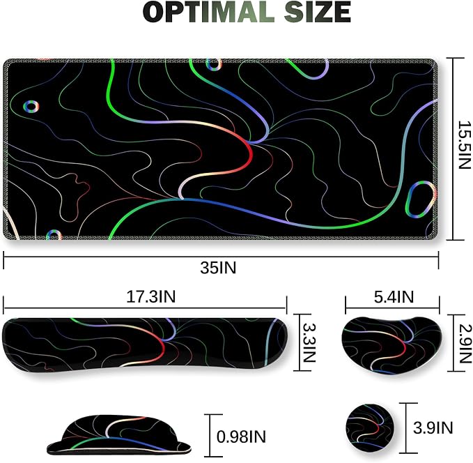 ARTSO Gaming Mouse Pad Wrist Support Set, XXL Large Desk Mat Mousepad + Keyboard Wrist Support+ Mouse Wrist Rest+Coaster 4in1 Ergonomic, Memory Foam, Stitched Edge for Home Office -Colorful Lines