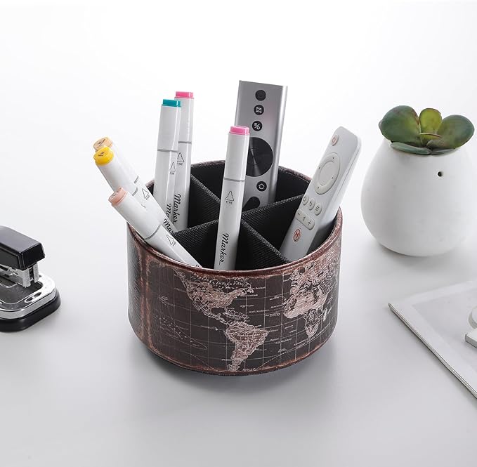 Vintage World Map Remote Control Holder, 360 Degree Rotating Desk Organizer and TV Remote Caddy, PU Leather Spinning Pen Holder for Living Room, Nightstand, and Office Supplies PH132