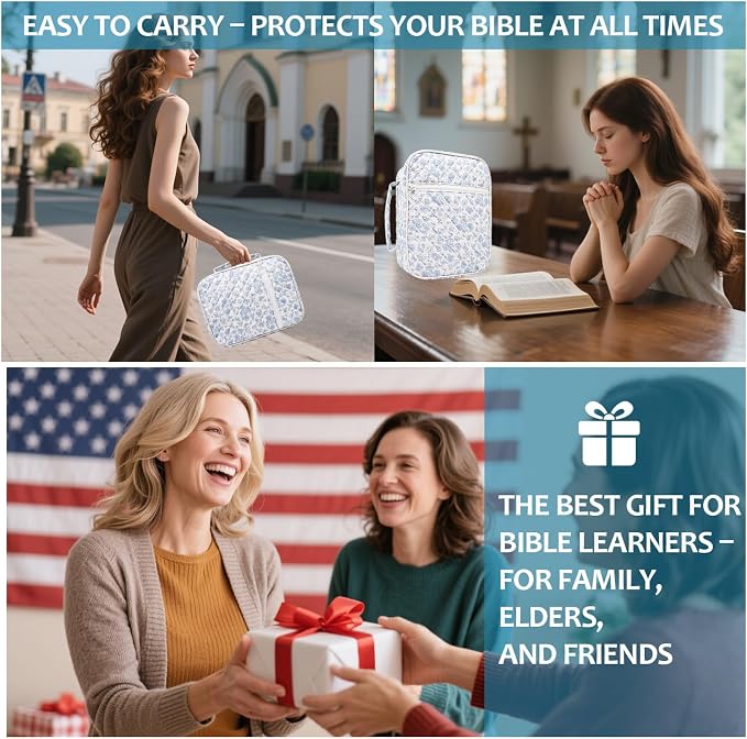 Bible Cover Case For Women,Large Bible Bag with Study Supplies,Quilted Bible Carrying Case for Girls,Portable Bible Case with Highlighter, Pens,Tabs,Bible Study Gifts for Women