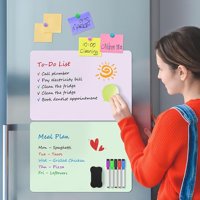 MaxGear 5 Pack Multicolor Fridge Whiteboard Magnetic, 12 x 8 Inch Dry Erase Board for Refrigerator, Reusable Kitchen Organizer, Colorful Planning Board, Includes 5 Markers, 5 Magnets and 1 Erase