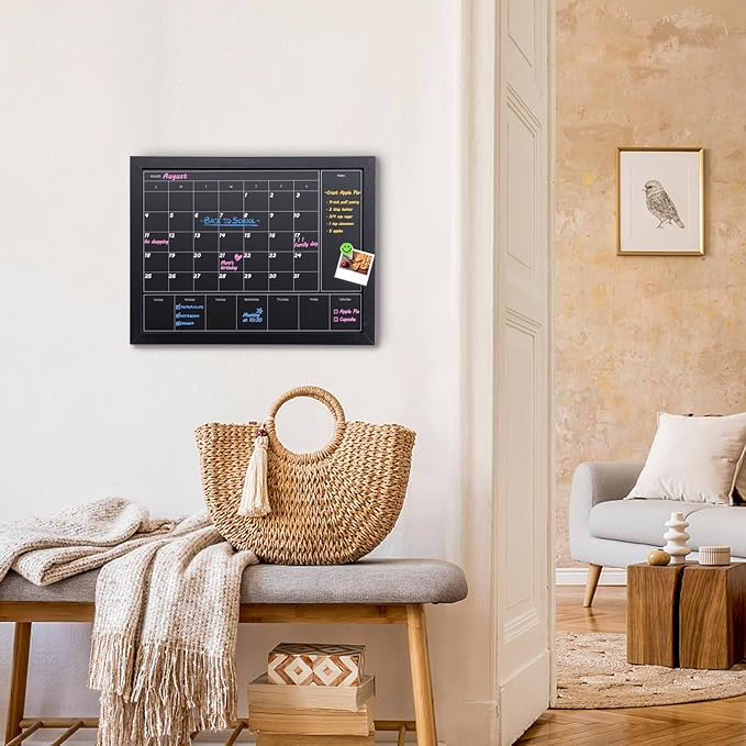 3-in-1 Chalkboard Calendar for Wall, 17x13 inches Magnetic Monthly & Weekly Calendar, Blackboard for Wall with Black Wood Frame, Hanging Chalkboard for Decor/Memo(YL+ZL-HB-BK,4333)