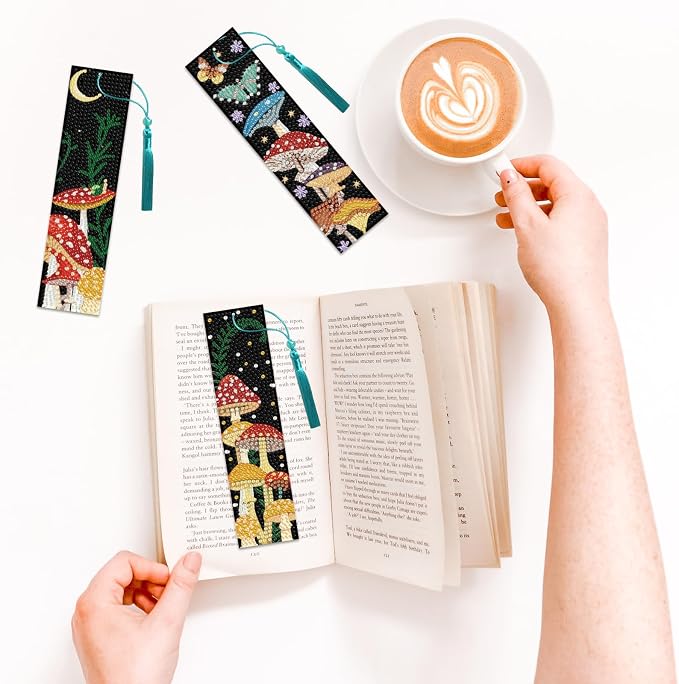 6Pcs Mushroom Diamond Art Bookmarks Crescent Moon Mushroom Butterfly Diamond DIY Painting Bookmarks Acrylic Tassel Bookmark Making Beginners Adults Arts Craft Supplies