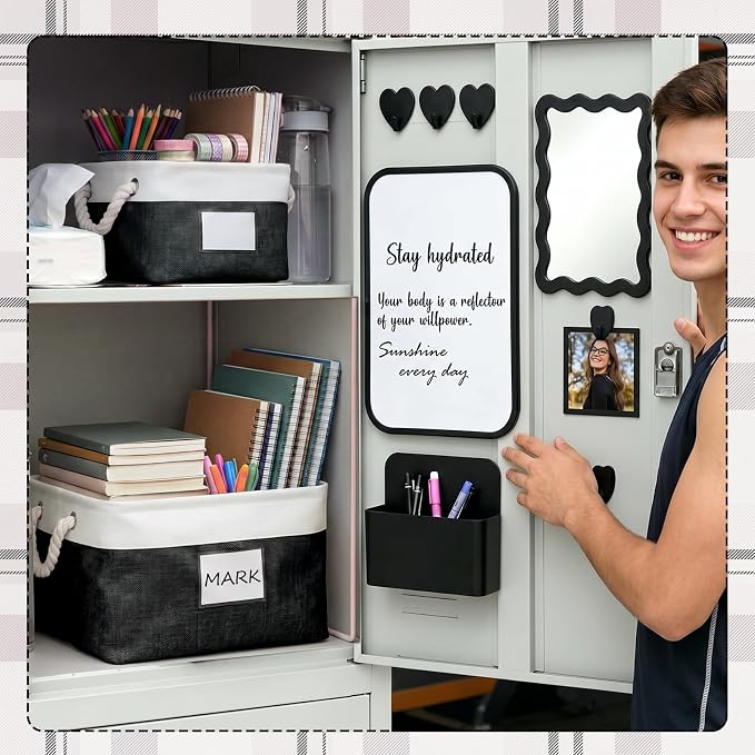 Gerrii 2 Pcs Locker Accessories Kit Black Locker Organizers Storage Bin with PVC Label Fabric Basket Back to School Essentials Sturdy Cube Storage Bin for Back to School Cabinet Organizer Decor