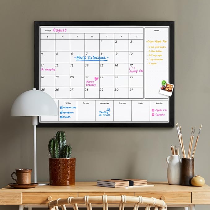 3-in-1 Dry Erase Calendar for Wall, 31.5x23.6 inches Magnetic Surface Monthly & Weekly Planner Whiteboard, Dry Erase Board with Black Wood Frame, Hanging White Board Calendar(YL+ZL-BK,6080)
