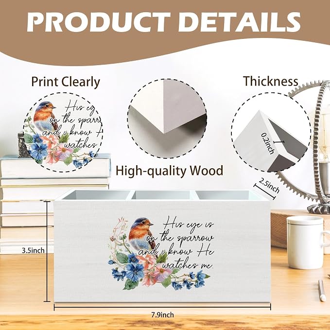 DILSJ Christian Bird Pen Pencil Holder Organizer for Desk, Christian Gifts for Women, His Eye Is on the Sparrow Bible Verse Bird Wooden Box Signs for Home Office Desk Tabletop Decoration