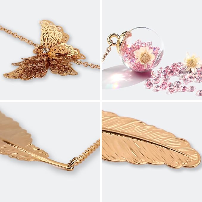 Teacher Retirement Gifts - Metal Feather Bookmark with 3D Butterfly & Real Dried Flower Pendant - Bookmark for Women & Book Lovers Under 10 Dollars - Gift Box Included
