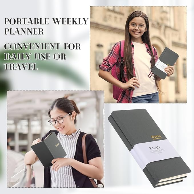 Fuyoooo 1 Pcs Weeks Planner Gift for Christmas, A6 / 3.9x7.4 inch Portable Planner Undated Pocket Size Calendar Year Month Week Mini Slim Notebook Journal Schedule for Traveler Office (Gray)