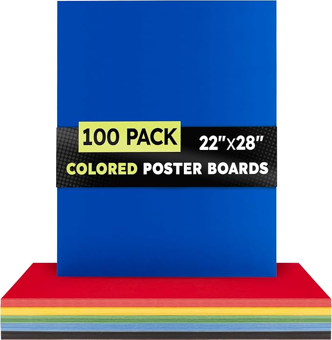 Hygloss Large Colored Poster Board 22x28-100 Assorted Standard Color Bulk Pack - Red, Yellow, Green, Blue, Black - 10 Pt. Thickness Poster Board Paper - Posterboard Multipack 22" x 28"