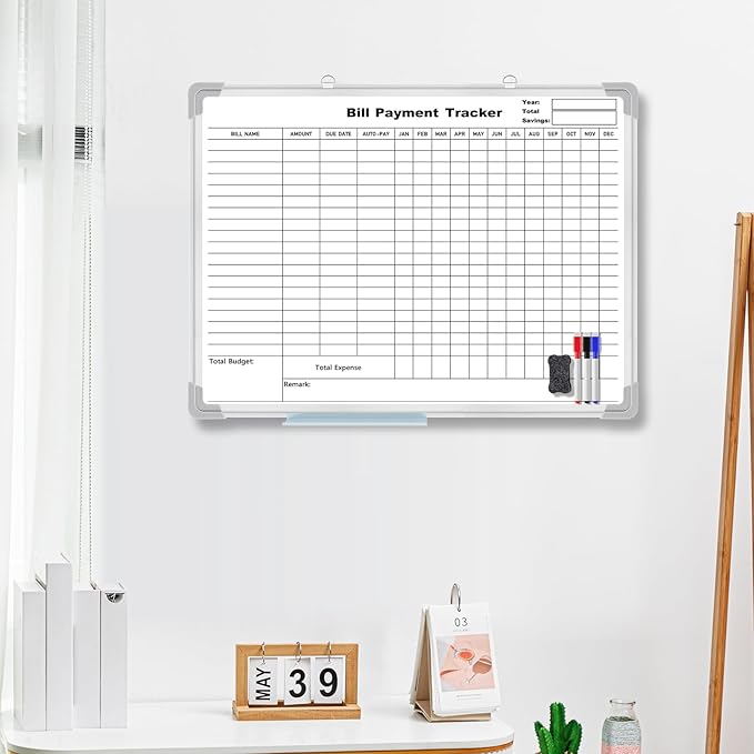 Feifeiya 24 x 18 Inch Monthly Bill Payment Tracker Organizer Whiteboard Aluminum Frame Wall Monthly Bill Payment Checklist Magnetic Dry Erase Board Planner for Personal Budgeting Financial (Stylish)