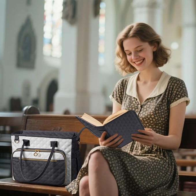 Large Bible Bag with Bible Cover Case for Women,Church Tote Bag Travel Bag Diaper Bag with Shoulder Strap for Teachers, Nurses, Moms, Bible Lovers (Gray)