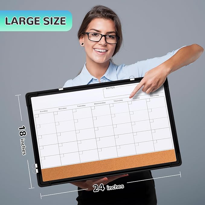Monthly Calendar Whiteboard for Wall, 24x18 Inches Dry Erase Board with Cork Board Combo, Magnetic White Board, Double-Sided Hanging Portable Board for Office School Home Kitchen Planner, Black