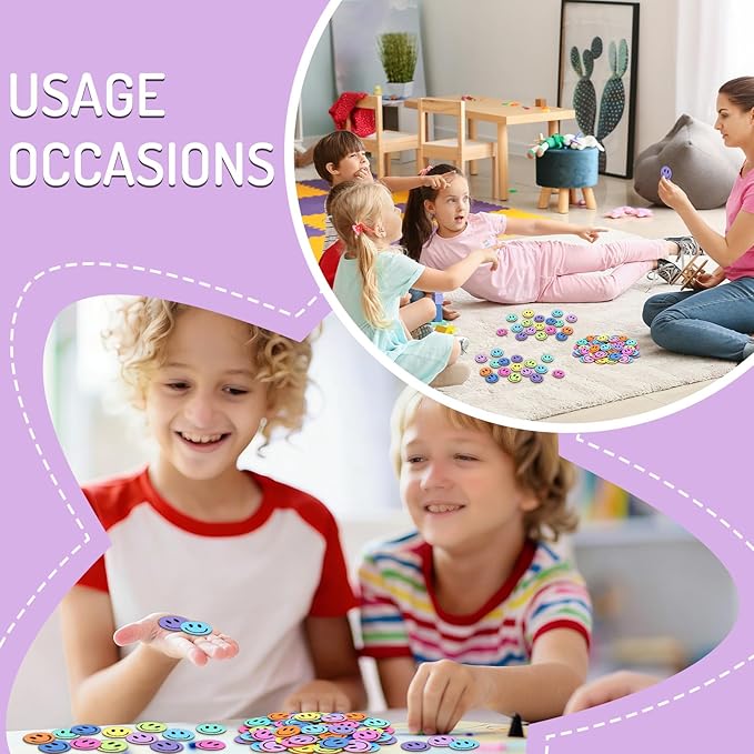 JarThenaAMCS 45 Pcs Smile Extra Tokens for Reward Jar Colorful Happy Face Wooden Cutouts with Linen Pocket 9 Colors Wooden Tokens for Back to School Student Teacher Home Classroom