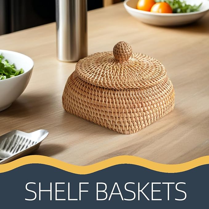 Cabilock Woven Rattan Remote Control Storage Box 5.9X5.9X3.14 Inch Desktop Organizer Basket for Home Sundries Tabletop Tidying